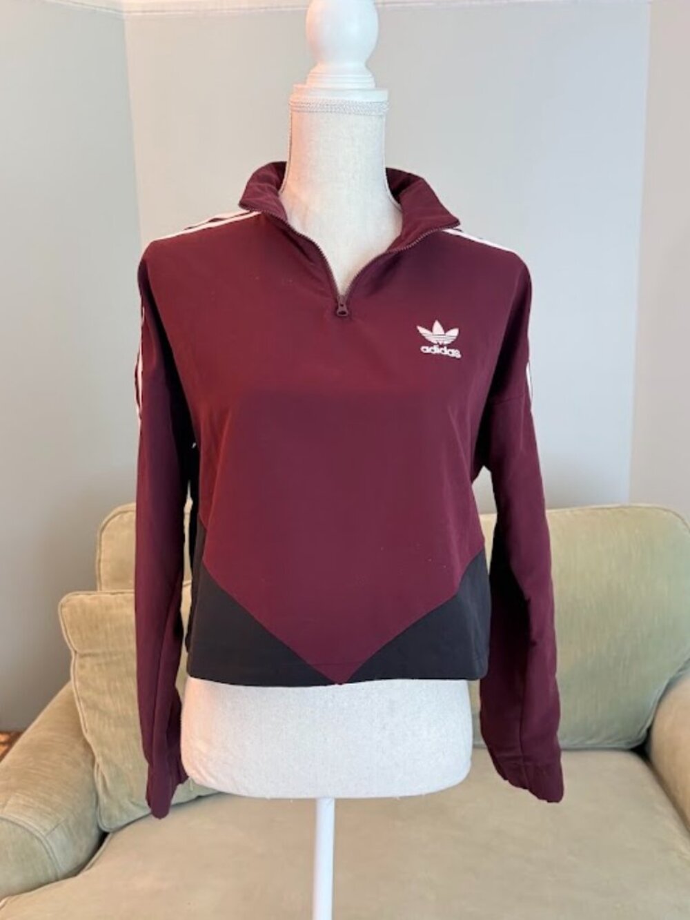 adidas Classic Burgundy and Black Athletic Cropped Jacket   Small